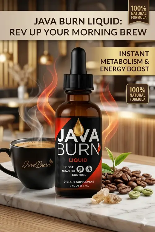Java Burn Liquid metabolism booster supplement bottle next to a cup of coffee.
