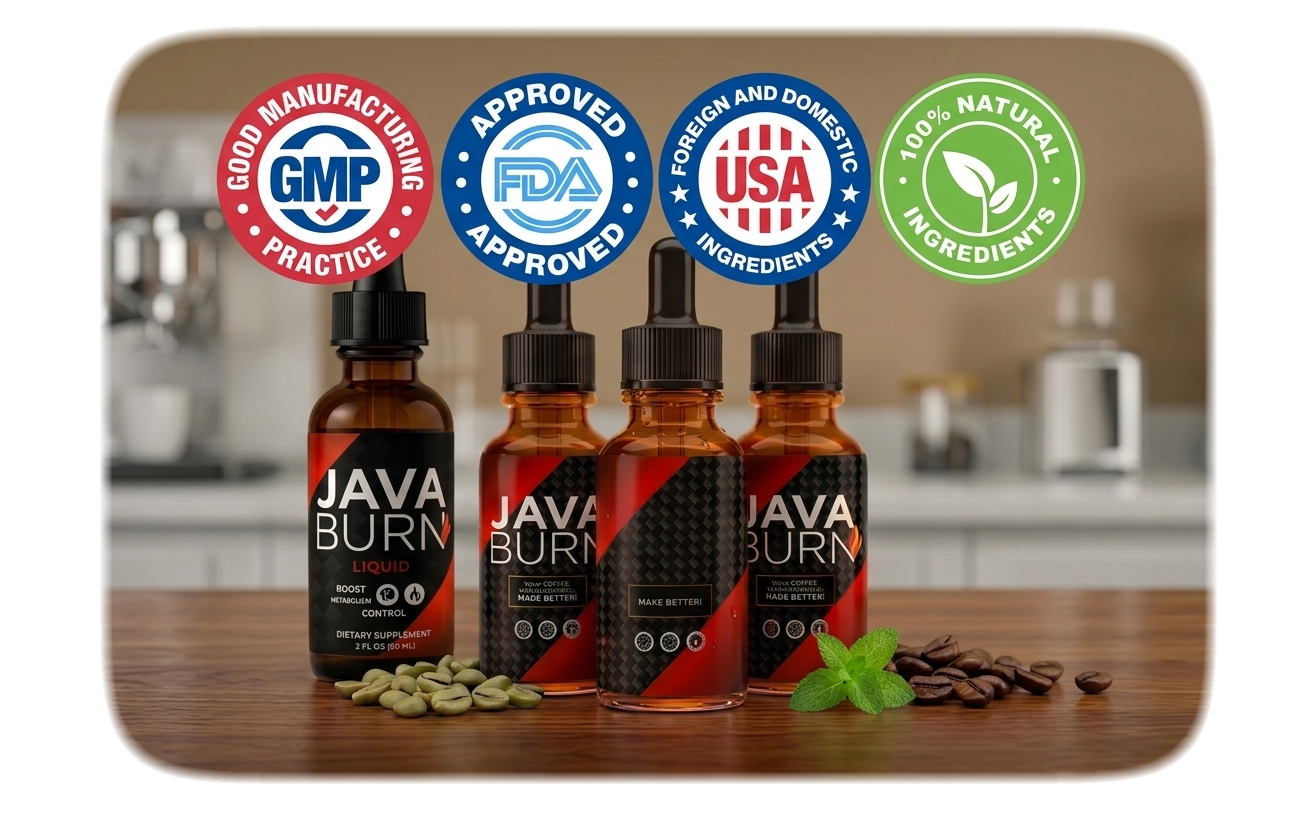 Java Burn Liquid dietary supplement bottles with FDA and GMP certification badges